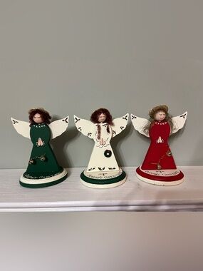 Handmade Vintage Wooden Folk Art 3 Angel Figures Seasons Greetings Christmas